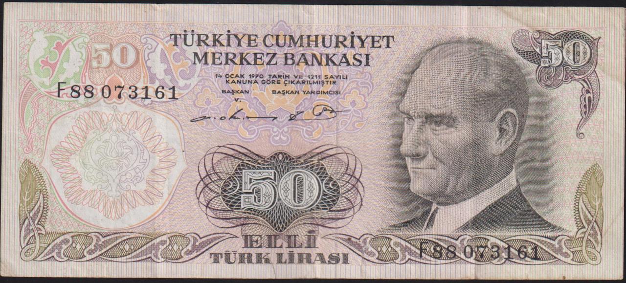 6.Emisyon 1.Tertip 50 Lira F88 073161 Temiz+