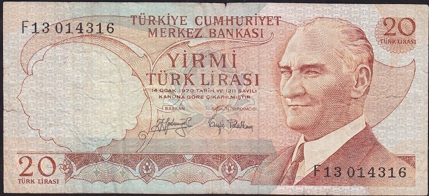 6.Emisyon 3.Tertip 20 Lira F13 014316 Temiz