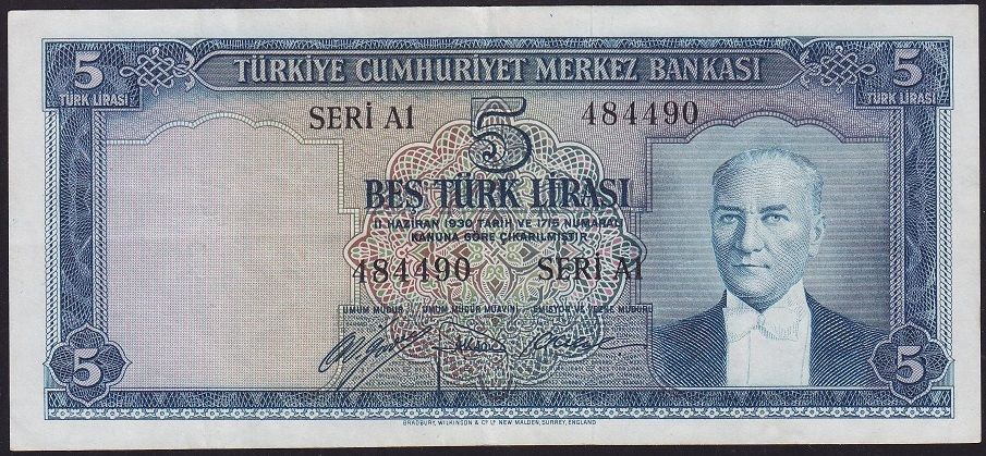5.Emisyon 1.Tertip 5 Lira A1 484490 Çok Temiz+