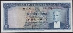 5.Emisyon 1.Tertip 5 Lira A1 484490 Çok Temiz+