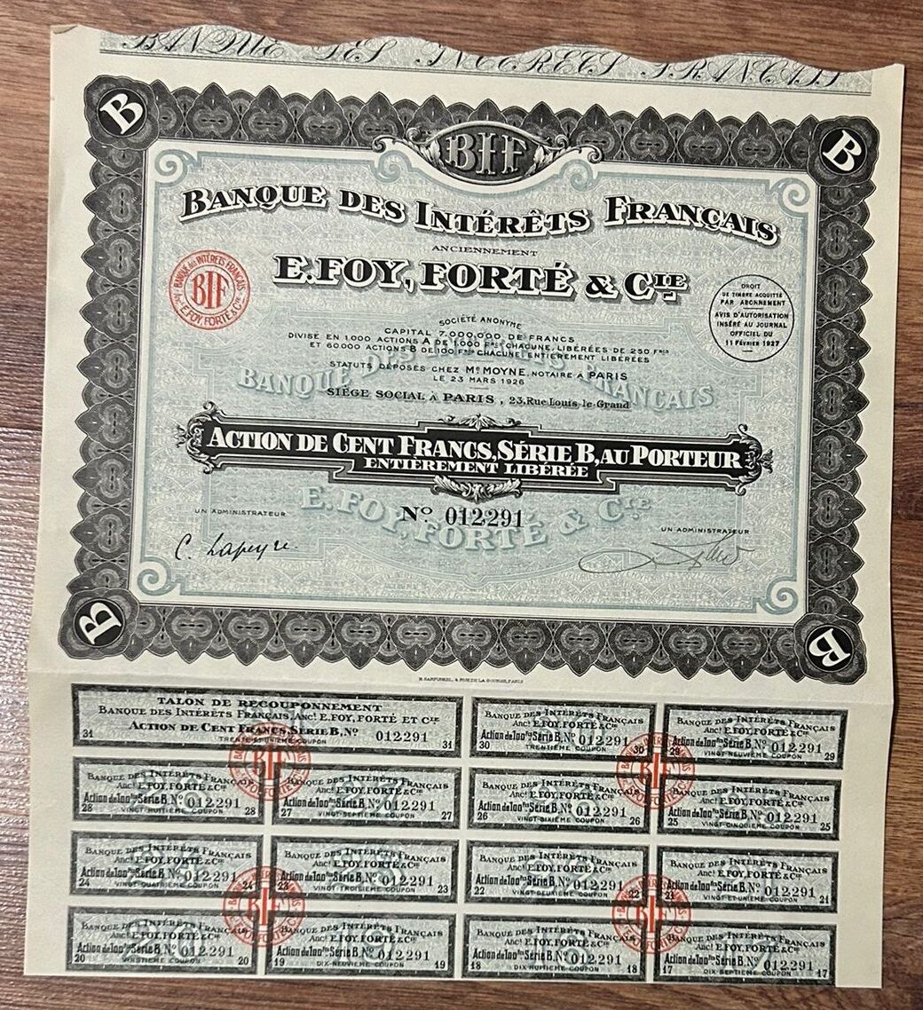 Hisse Senedi - Banque Des İnterets Francais EFOY,FORTE 1926 ( 30 X 27 cm )