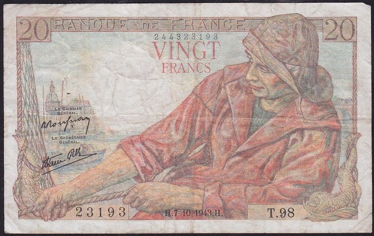 Fransa 20 Frank 1943 Çok Temiz