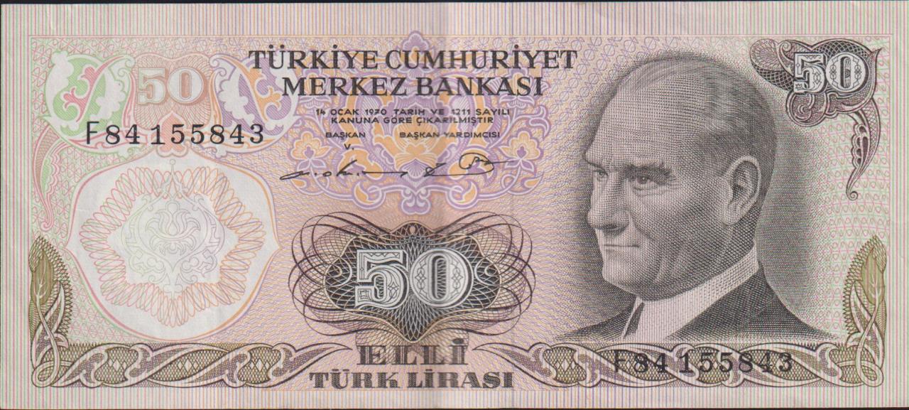 6.Emisyon 1.Tertip 50 Lira F84 155843 Çok Temiz+