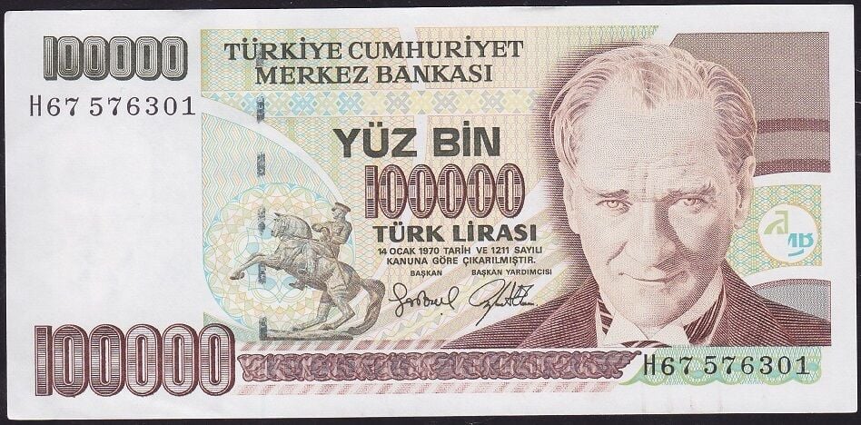 7.Emisyon 3.Tertip 100000 Lira H67 576301 Çilaltı Çil