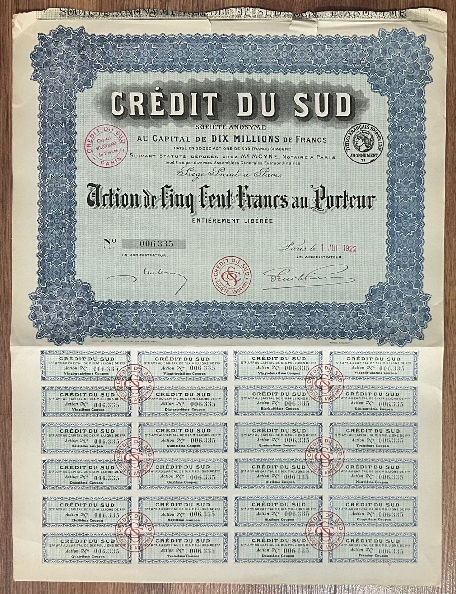 Hisse Senedi - Credit Du Sud 1922 ( 43,5 X 32,5 cm )