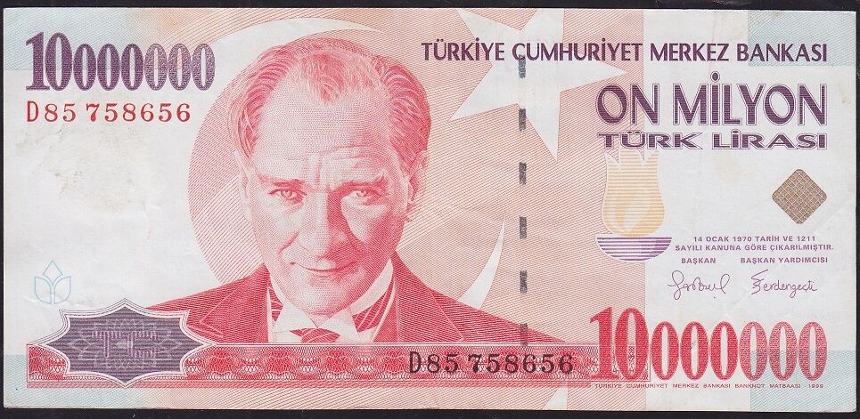 7.Emisyon 10 000 000 Lira D85 758656 Çok Temiz+