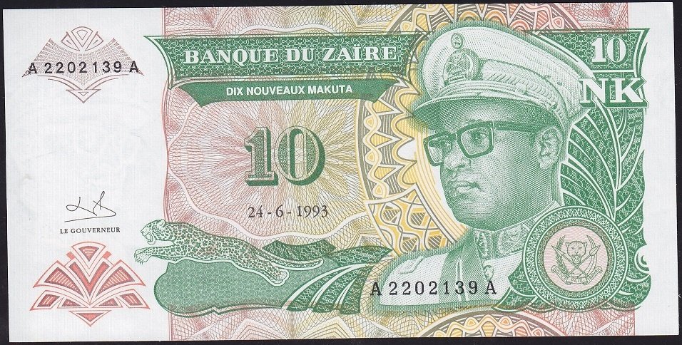 Zaire 10 Nouveaux Makuta 1993 Çilaltı Çil AA