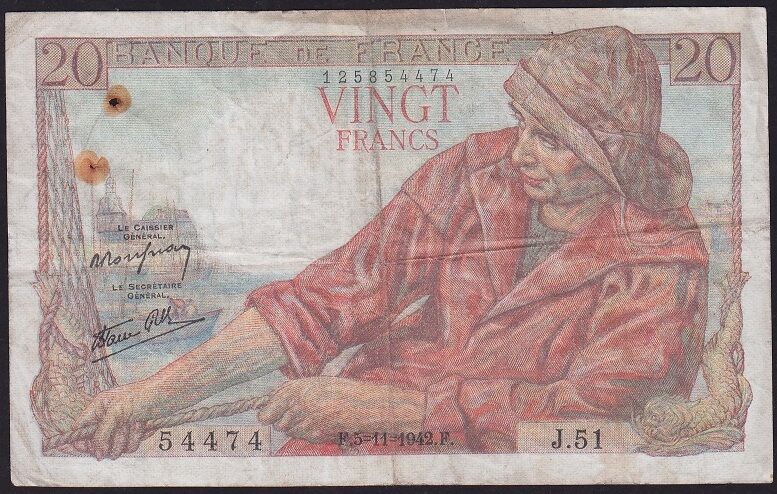 Fransa 20 Frank 1942 Temiz