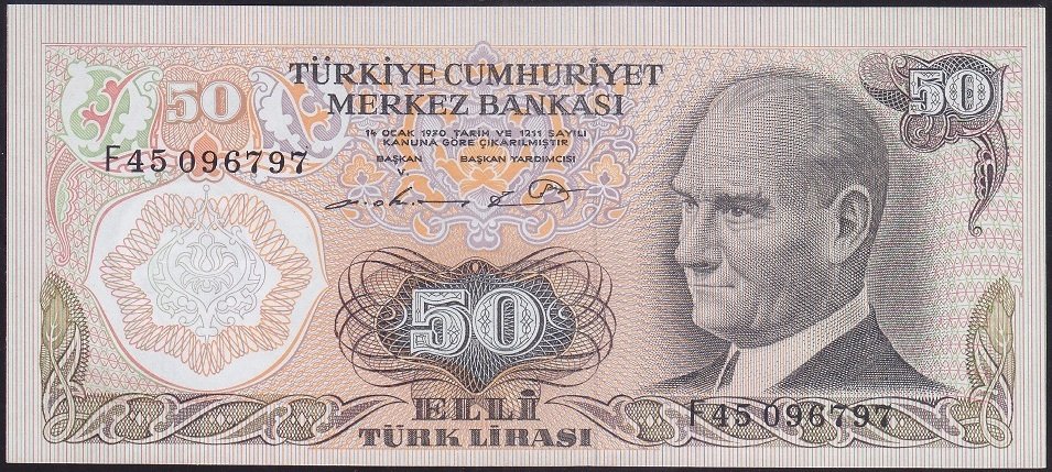 6.EMİSYON 1.TERTİP 50 LİRA F45 096797 ÇİLALTI