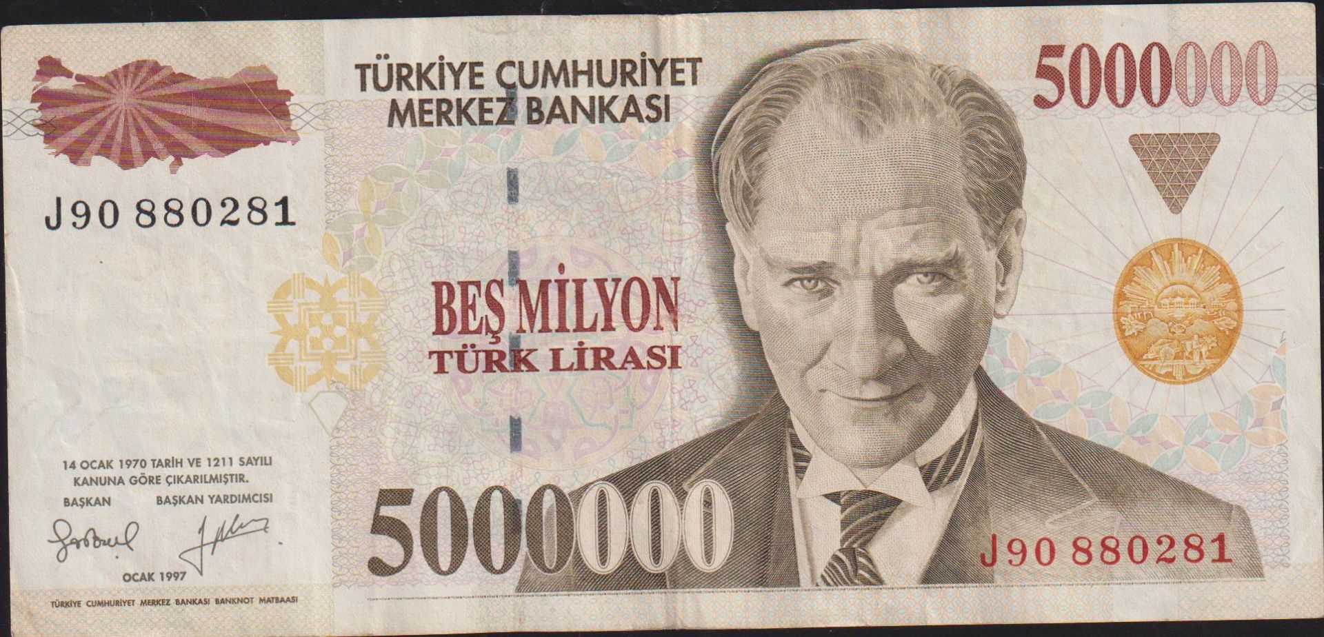 7.Emisyon 5 000 000 Lira J90 880281 Çok Temiz+