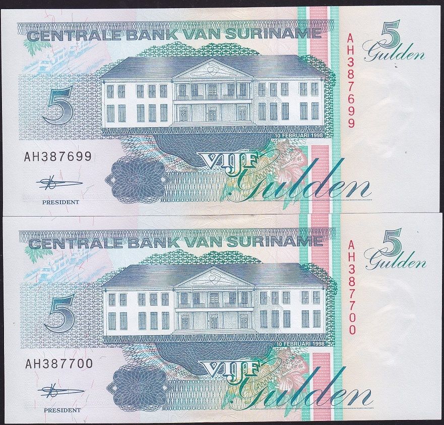 Suriname 5 Gulden 1998 2 Adet Seri Takipli 7699 - 7700 Çil