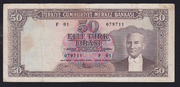 5.EMİSYON 5.TERTİP 50 LİRA F01 079711 TEMİZ + eski para