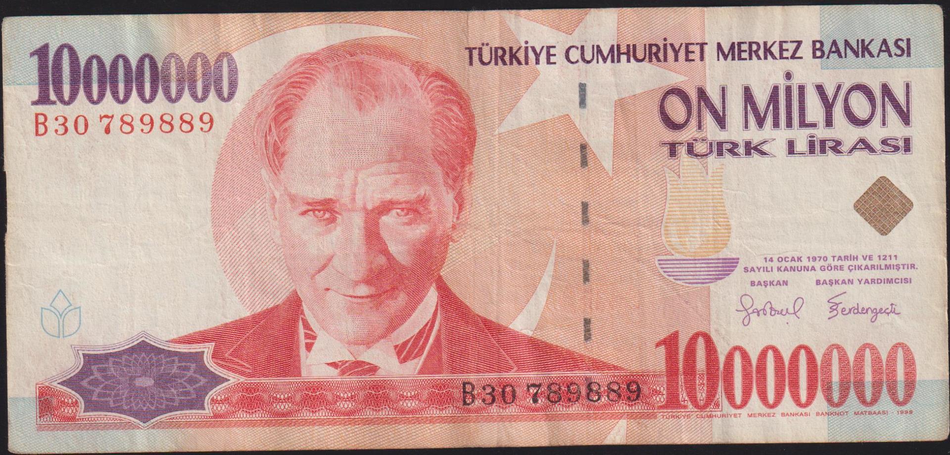 7.Emisyon 10 000 000 Lira B30 789889 Temiz+
