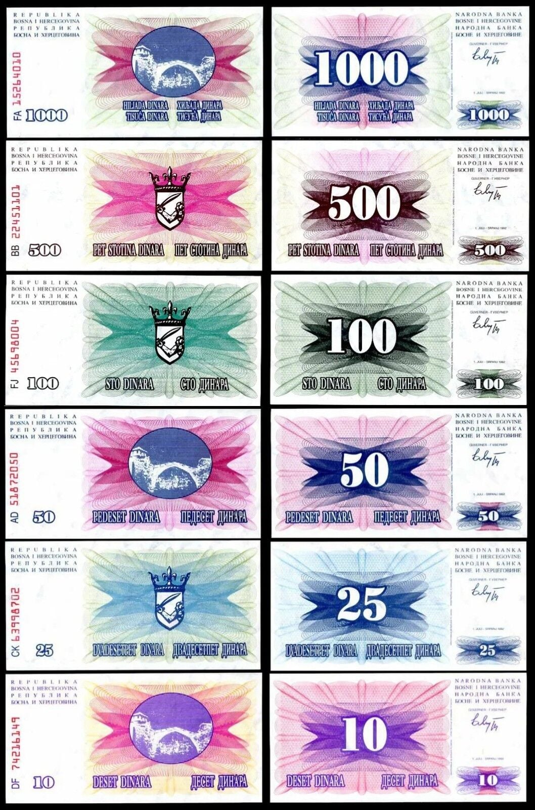 Bosna Hersek Kağıt Para Seti 10 - 25 - 50 - 100 - 500 - 1000 Dinar 1992 Çil