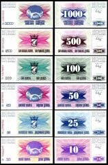 Bosna Hersek Kağıt Para Seti 10 - 25 - 50 - 100 - 500 - 1000 Dinar 1992 Çil