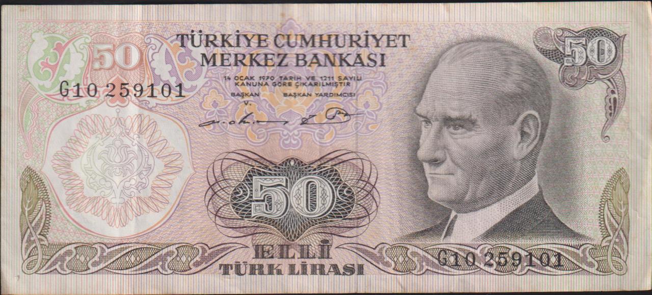 6.Emisyon 1.Tertip 50 Lira G10 259101 Çok Temiz+
