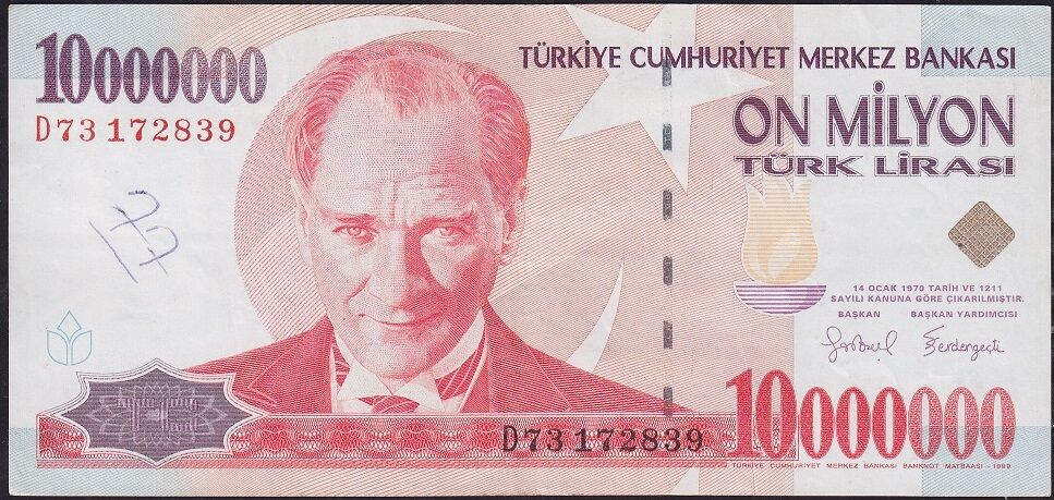 7.Emisyon 10 000 000 Lira D73 172839 Çok Temiz+