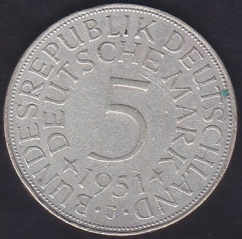 ALMANYA 5 MARK 1951 J GÜMÜŞ