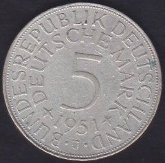 ALMANYA 5 MARK 1951 J GÜMÜŞ