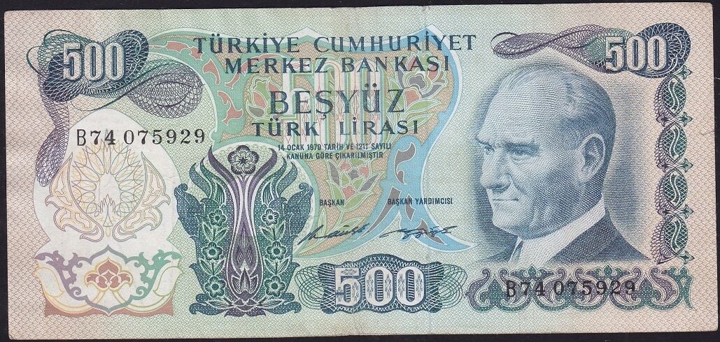 6.Emisyon 1.Tertip 500 Lira B74 075929 Çok Temiz