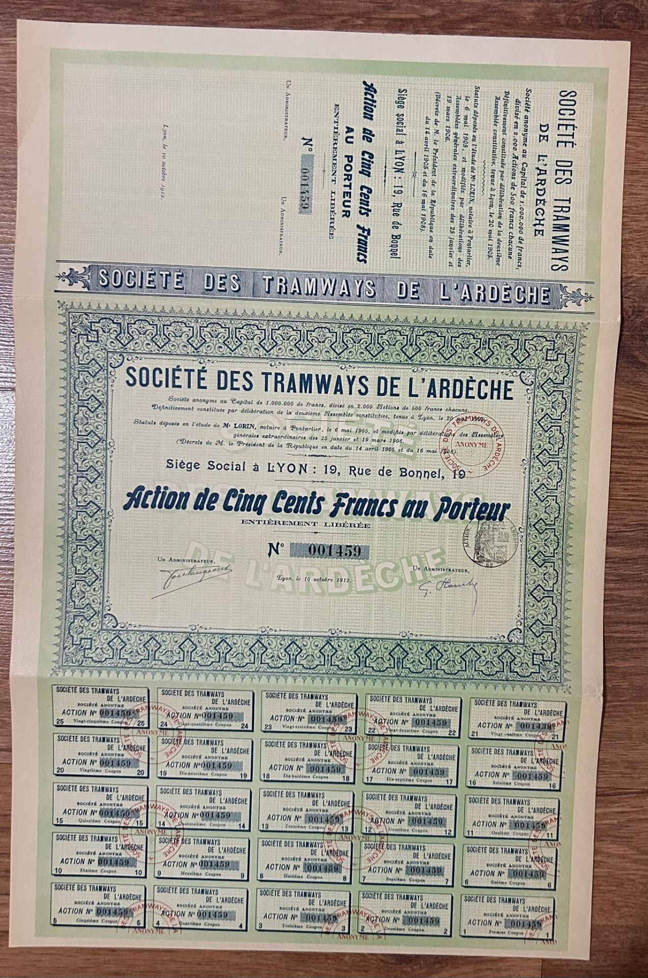 Hisse Senedi - TRAMWAYS DE L'ARDECHE  1912 ( 47 X 30,5 cm )