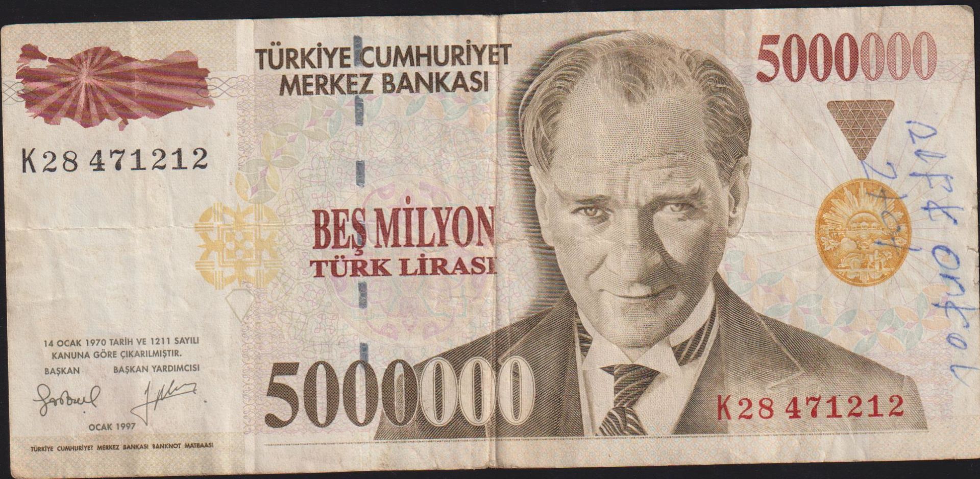 7.Emisyon 5 000 000 Lira K28 471212 Çok Temiz