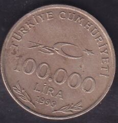 1999 Yılı 100000 Lira - Türkiye Cumhuriyeti'nin 75.Yılı