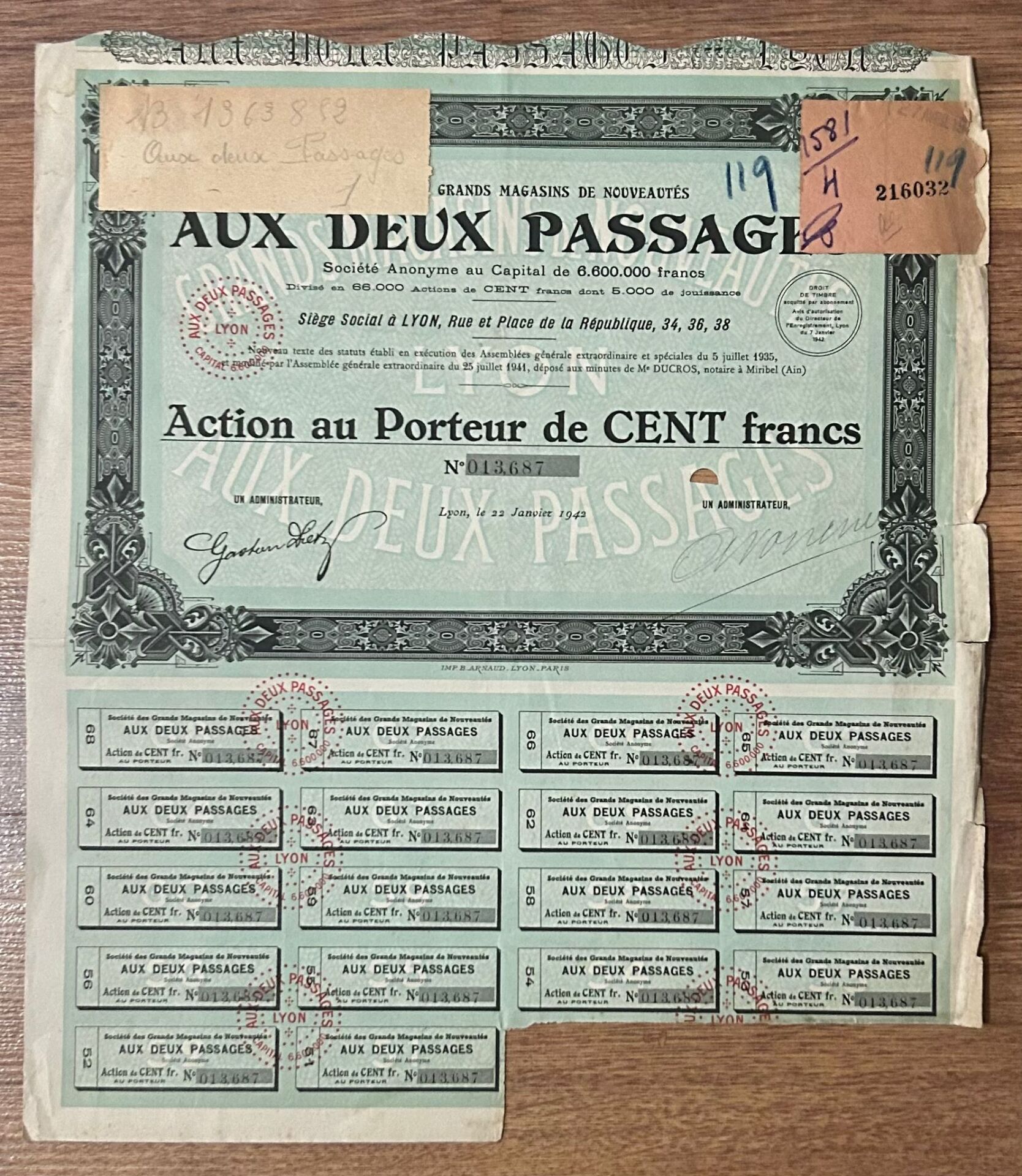 Hisse Senedi - Aux Deux Passages 1942 ( 36 X 31 cm )