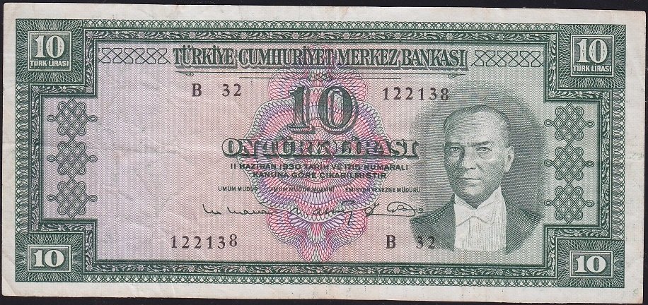 5.Emisyon 6.Tertip 10 Lira B32 122138 Çok Temiz