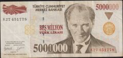 7.Emisyon 5 000 000 Lira K27 451778 Çok Temiz+