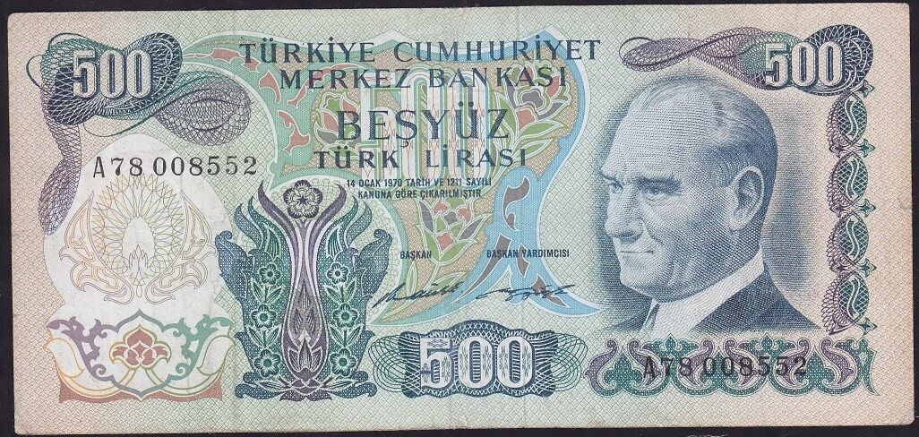 6.Emisyon 1.Tertip 500 Lira A78 008552 Çok Temiz  +