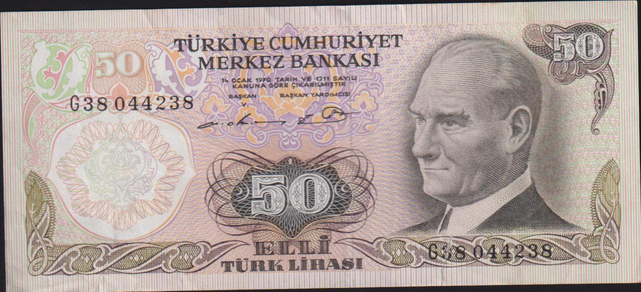 6.Emisyon 1.Tertip 50 Lira G38 044238 Çok Çok Temiz