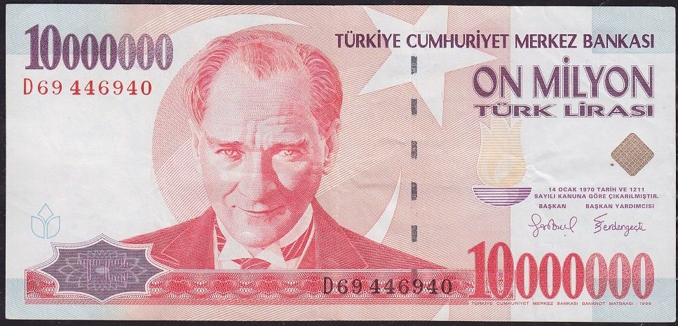 7.Emisyon 10 000 000 Lira D69 446940 Çok Temiz+