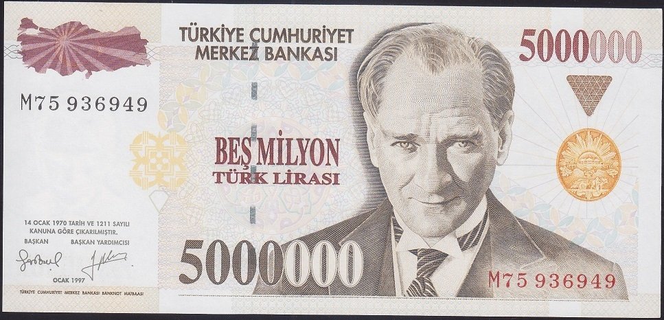 7.Emisyon 5 000 000 LİRA M75 936949 Çilaltı Çil