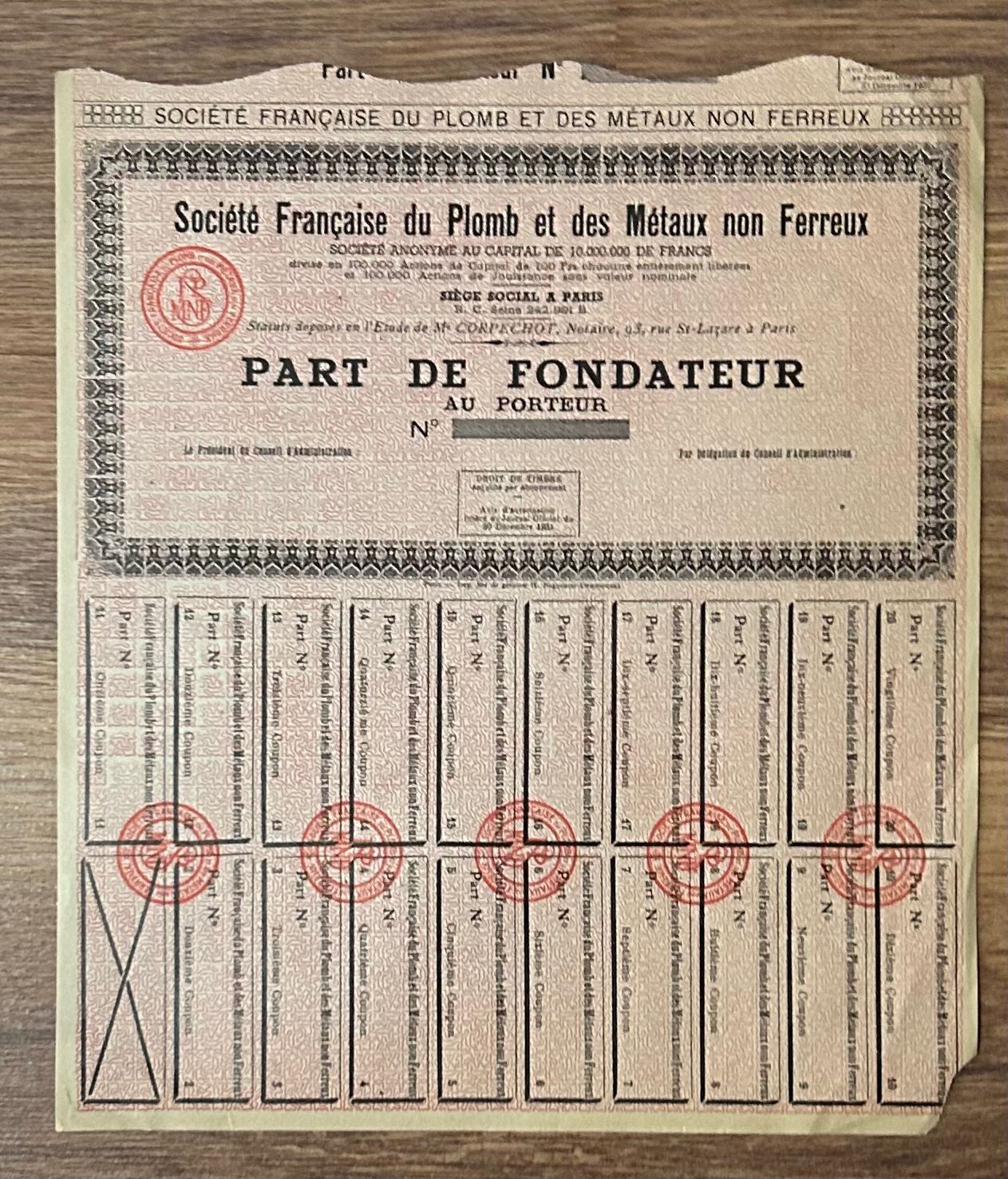 Hisse Senedi -Part de Fondateur 1931 ( 22 X 21 cm )