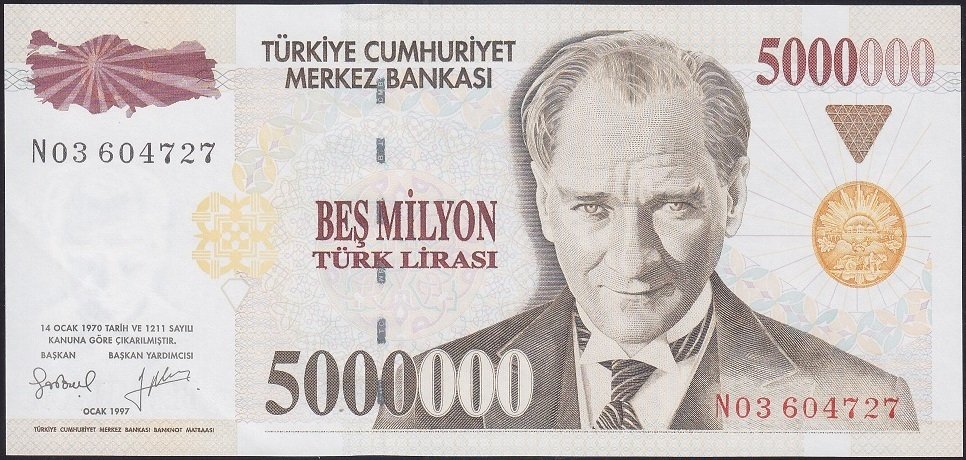 7.Emisyon 5 000 000 LİRA N03 6044727 Çilaltı ( sol alt kulakta kırık var )