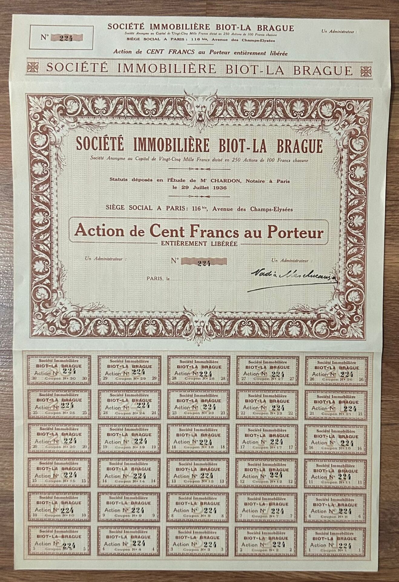 Hisse Senedi - Societe İmmobiliere 1936 ( 47 X 32 cm )