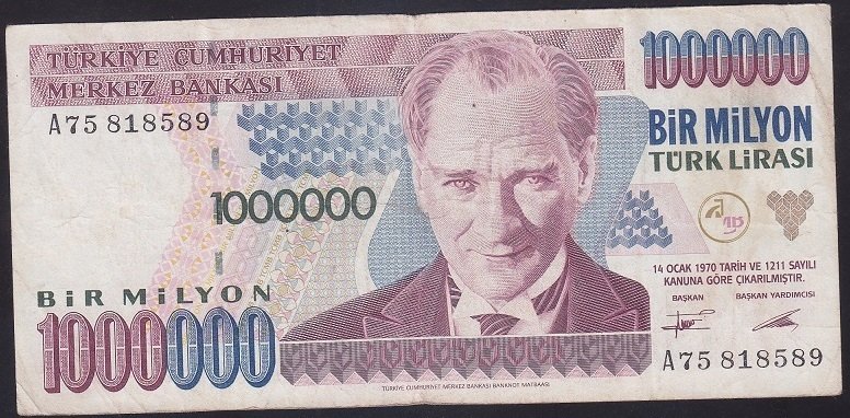 7.EMİSYON 1.TERTİP 1 000 000 LİRA A75 818589 ÇOK TEMİZ