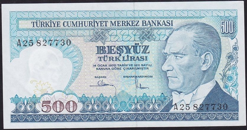 7.Emisyon 1.Tertip 500 Lira A25 827730 Çok Çok Temiz+