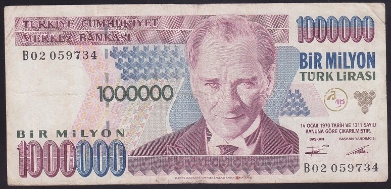 7.EMİSYON 1.TERTİP 1 000 000 LİRA B02 059734 ÇOK TEMİZ
