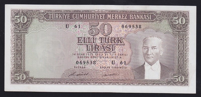 5.EMİSYON 7.TERTİP 50 LİRA U61 069538 ÇÇT ÇİLALTI (KISMİ DÜZELTME VAR)
