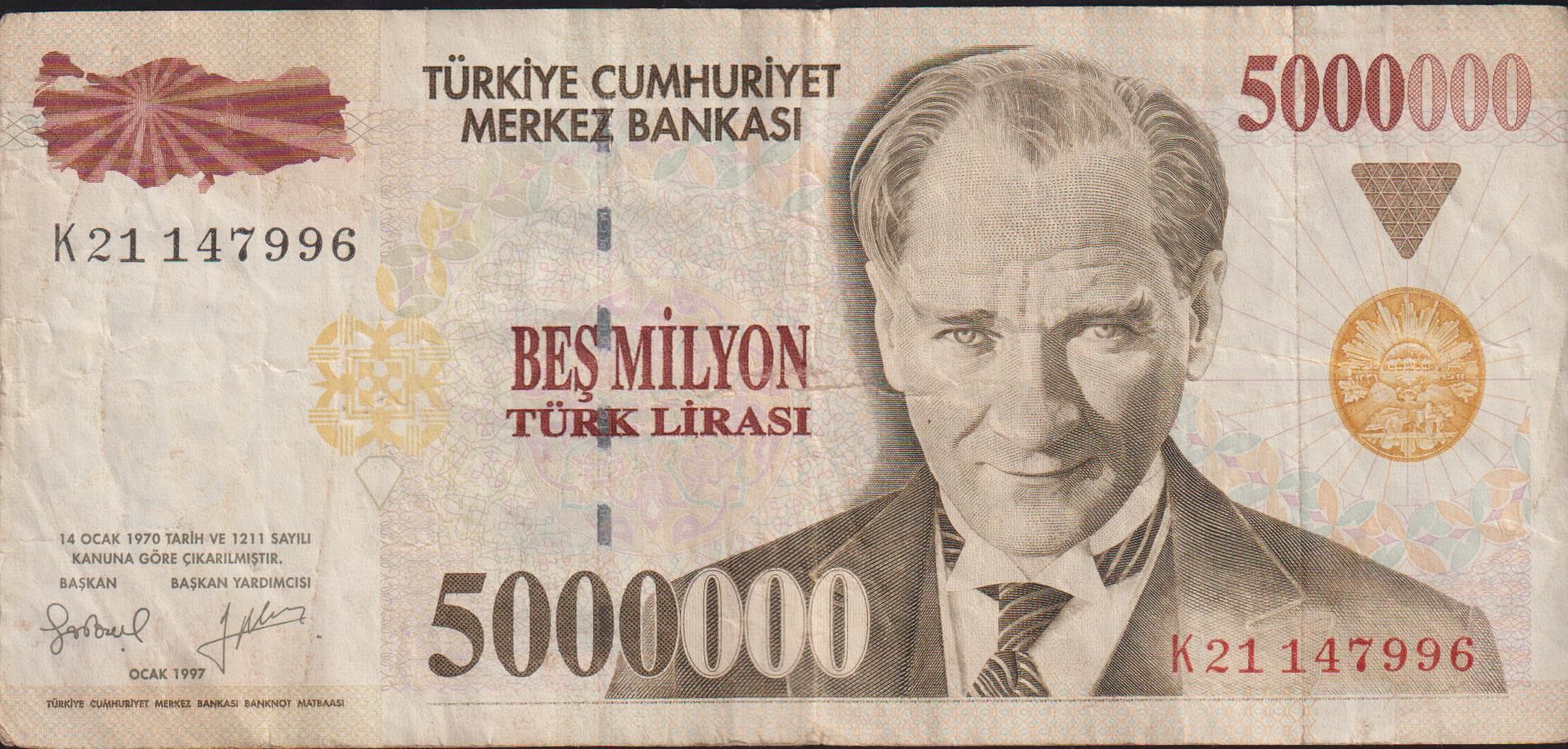 7.Emisyon 5 000 000 Lira K21 147996 Çok Temiz