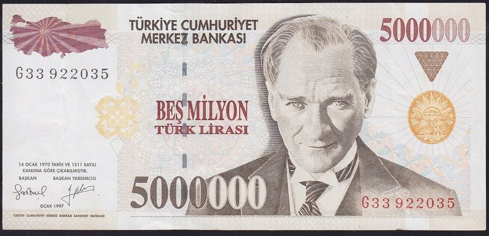 7.Emisyon 5 000 000 Lira G33 922035 Çok Temiz+