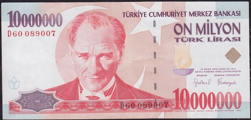 7.Emisyon 10 000 000 Lira D60 089007 Çok Temiz+