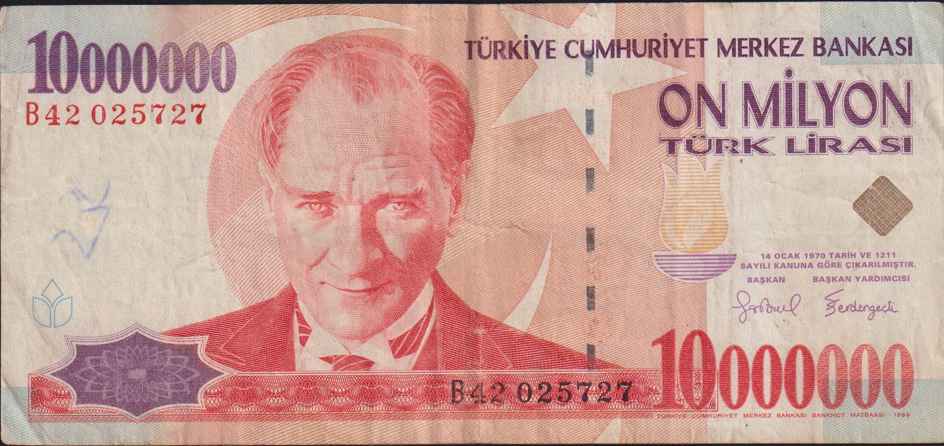 7.Emisyon 10 000 000 Lira B42 025727 Çok Temiz