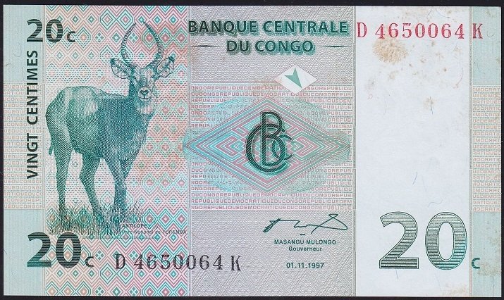 Kongo 20 Centimes 1997 Çilatı (kat yok lekeler var)