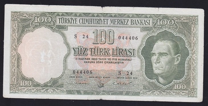 5.EMİSYON 4.TERTİP 100 LİRA S24 044406 TEMİZ ( İŞLEMLİ )