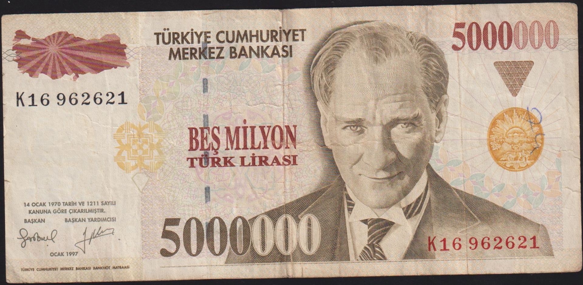 7.Emisyon 5 000 000 Lira K16 962621 Çok Temiz