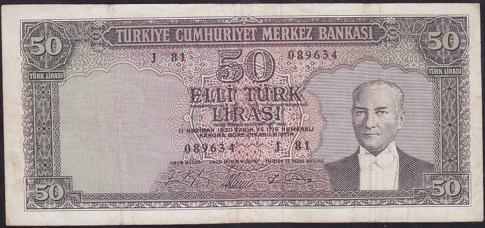 5.EMİSYON 6.TERTİP 50 LİRA J81 089634 ÇOK TEMİZ