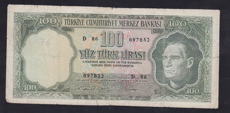 5.EMİSYON 6.TERTİP 100 LİRA D86 097032 TEMİZ (YIKAMA VAR)